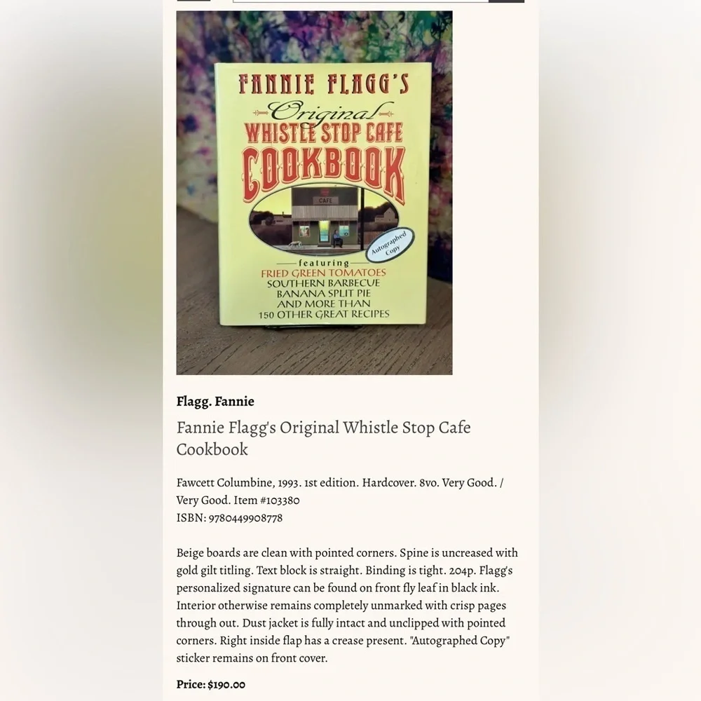 Fannie Flagg’s Original Whistle Stop Cafe Cookbook 1993 First Edition Hardback